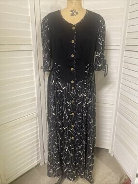 VTG Black Viscose Floral German Bavarian Long Dirndl Dress Oktoberfest Large